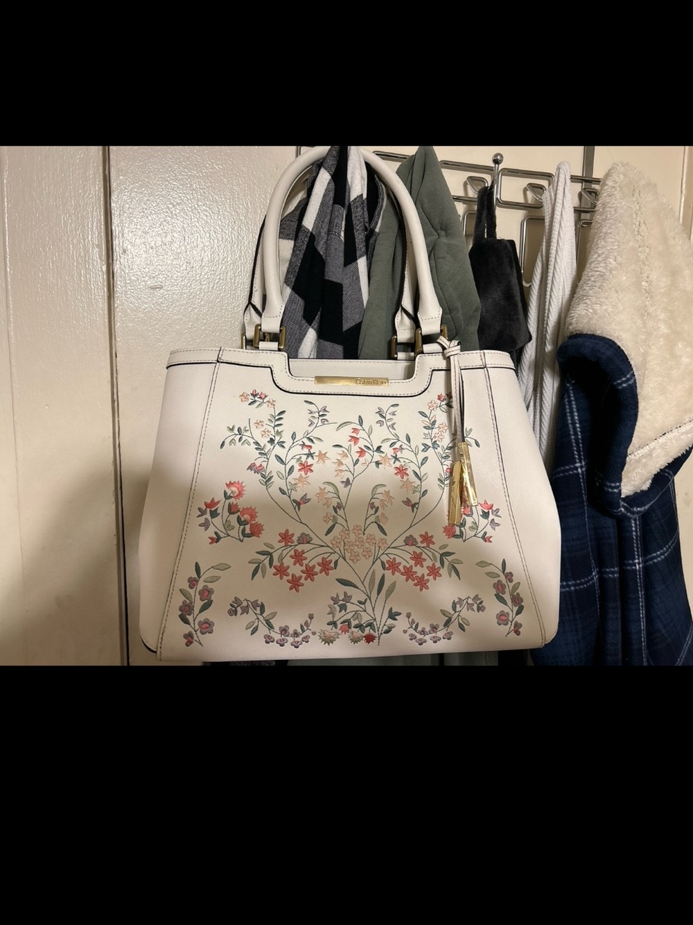 Calvin Klein Floral Embroidered White Tote Handbag